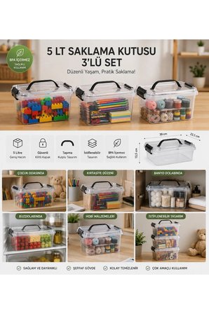 5 Litre Kulplu Kilitli Şeffaf Saklama Kutusu 3’lü Set – İstiflenebilir Çok Amaçlı Organizer Kutu
