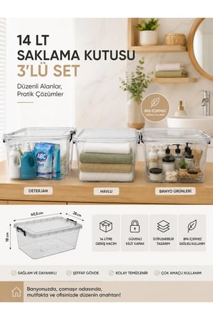 14 Litre Kilitli Şeffaf Saklama Kutusu 3’lü Set – İstiflenebilir Kapaklı Düzenleme ve Depolama Kutusu