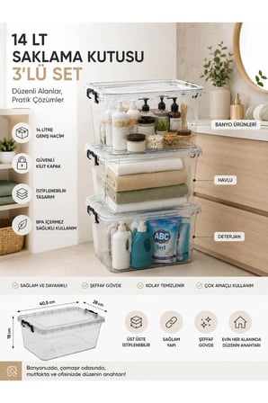 14 Litre Kilitli Şeffaf Saklama Kutusu 3’lü Set – İstiflenebilir Kapaklı Düzenleme ve Depolama Kutusu