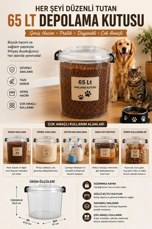 65 Litre Kilitli Kapaklı Çok Amaçlı Saklama Kutusu – Mama, Bakliyat ve Deterjan Depolama Kabı
