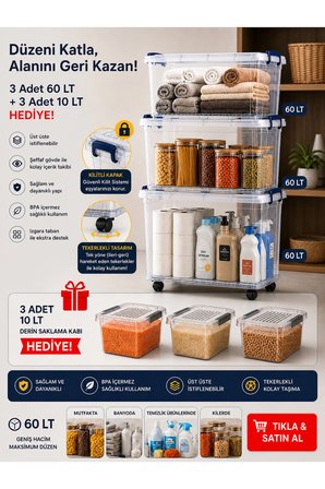 3’lü 60 LT Tekerlekli Saklama Kutusu + 3 Adet 10 LT HEDİYE Kilitli Kapak Şeffaf Kutu