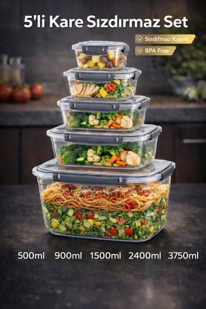 5’li Kare Sızdırmaz Saklama Kabı Seti | Kilitli Kapaklı Vakumlu | BPA Free Gıda Saklama Kutusu
