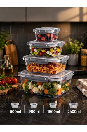 4’lü Kare Sızdırmaz Saklama Kabı Seti | Kilitli Kapaklı Vakumlu | BPA Free Gıda Saklama Kutusu