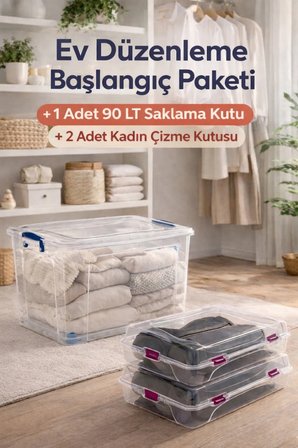 80 LT Tekerlekli Şeffaf Kilitli Saklama Kutusu 1 Adet + 2 Adet Kadın Çizme Kutusu Ev Düzenleme