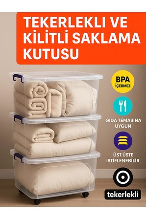 55 LT Saklama Kutusu Kilitli Tekerlekli 3 Adet Organizer-Şeffaf