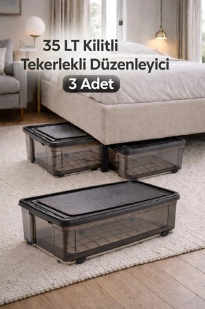 35 LT Yatak Koltuk Baza Altı 3 Adet Tekerlekli Kilitli Depolama