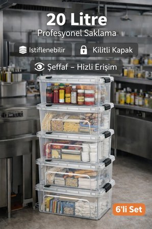 Restorant Cafe Bar Gıda Saklama Kutusu 20 LT Şeffaf 6 Adet