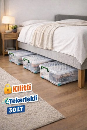 Yatak Baza Koltuk Altı Yatay Tekerlekli Kilitli 3 Adet 30 LT Saklama Kutusu Depolama