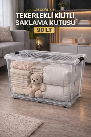 3'lü Set 80 LT Tekerlekli Kilitli Şeffaf Saklama Kutusu Büyük Boy Plastik Düzenleyeci Saklama Kabı