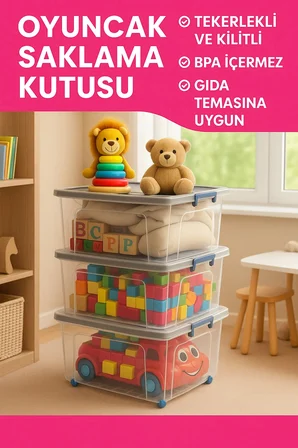 3'lü Set 80 LT Tekerlekli Kilitli Şeffaf Saklama Kutusu Büyük Boy Plastik Düzenleyeci Saklama Kabı