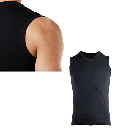 Erkek Sıfır Kol V Yaka Slimfit Likralı Düz Tişört Siyah