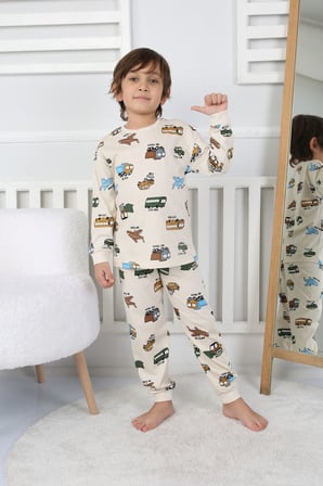 Transportation Veichle Desenli Çocuk Pijama Takımı (Alt-Üst) Bej 3-8 Yaş