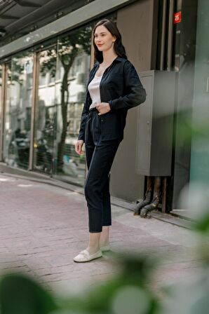 Barbora Keten Günlük İkili Takım Elbise Pantolon Gömlek msln21siyah