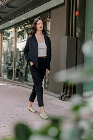 Barbora Keten Günlük İkili Takım Elbise Pantolon Gömlek msln21siyah