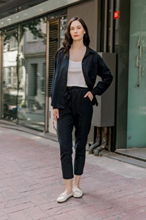Barbora Keten Günlük İkili Takım Elbise Pantolon Gömlek msln21siyah
