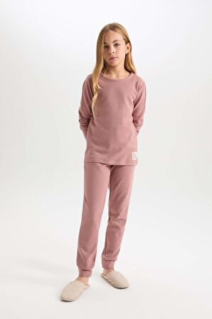 DeFacto Kız Çocuk Pijama Takım Dokuma Etiketli Waffle Uzun Kollu Üst Beli Lastikli Uzun Alt D6054A824AUBR165