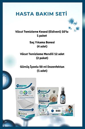 1 Aylık Hasta Bakım Seti Gümüş İyonlu – (Vücut Kesesi, 2x Mendil, 4x Saç Bonesi, 50 ml Dezenfektan)