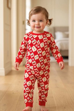 Kız Çocuk Kiraz ve Papatya Desenli Kırmızı Uzun Kollu Alt Üst Pijama Takımı