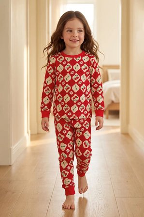 Kız Çocuk Kiraz ve Papatya Desenli Kırmızı Uzun Kollu Alt Üst Pijama Takımı