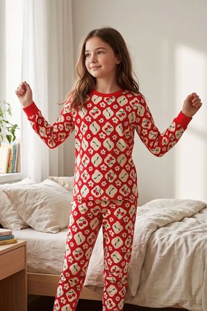 Kız Çocuk Kiraz ve Papatya Desenli Kırmızı Uzun Kollu Alt Üst Pijama Takımı