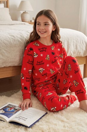 Kız Çocuk Yılbaşı Temalı Tiger Desenli Uzun Kollu Pijama Takımı 