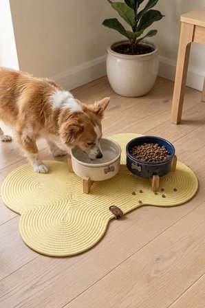 Reyo Pet El Yapımı Kemik Kedi ve Köpek Mama Matı, Kedi Tırmalama Matı, %100 Pamuk İpli - Açık Sarı