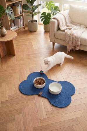 Reyo Pet El Yapımı Kemik Kedi ve Köpek Mama Matı, Kedi Tırmalama Matı, %100 Pamuk İpli - Mavi