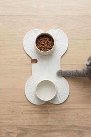 Reyo Pet El Yapımı Kemik Kedi ve Köpek Mama Matı, Kedi Tırmalama Matı, %100 Pamuk İpli - Beyaz