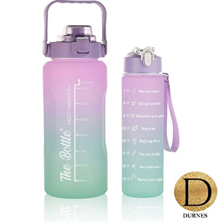 DURNES - The Bottle Motivasyonel 2li Pipetli Stickerli Su Matarası Su Şişesi Suluk 2LT+900ML Yavrulu