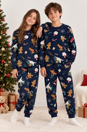 Unisex Çocuk Christmas Cookie Desenli Lacivert Pijama Takımı