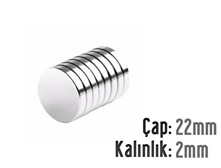 Neodyum Mıknatıs Silindir Çap 22mm , Kalınlık 2mm   ( 3 Adet)