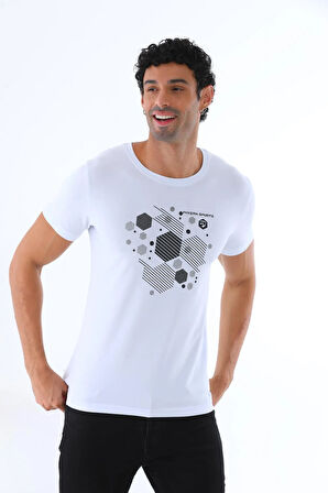 Erkek Beyaz Süprem Kumaş, Geometrik Baskılı Bisiklet Yaka Kısa Kol T-shirt - 140