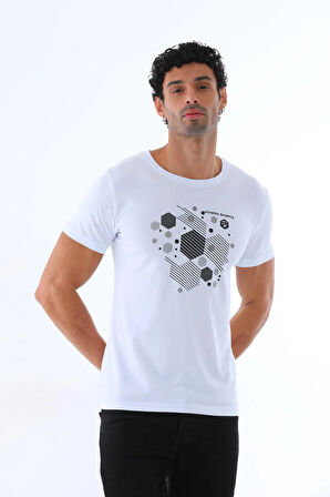 Erkek Beyaz Süprem Kumaş, Geometrik Baskılı Bisiklet Yaka Kısa Kol T-shirt - 140