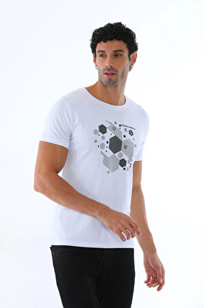 Erkek Beyaz Süprem Kumaş, Geometrik Baskılı Bisiklet Yaka Kısa Kol T-shirt - 140