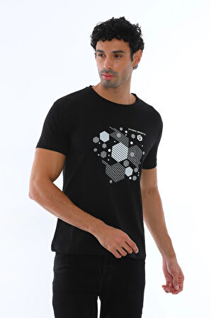 Erkek Siyah Süprem Kumaş, Geometrik Baskılı Bisiklet Yaka Kısa Kol T-shirt - 140