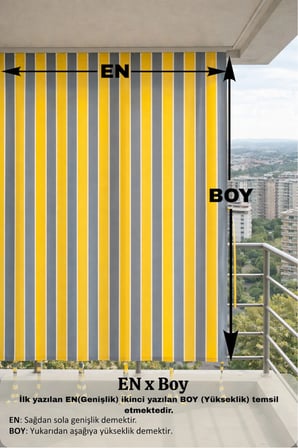 Sarı-Gri balkon perdesi kornişli bağcıklı dış mekan dayanıklı modern balkon brandası