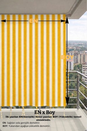 Sarı-Beyaz balkon perdesi kornişli bağcıklı dış mekan dayanıklı modern balkon brandası