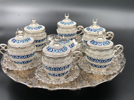 Kristal Taşlı Nazar Silver Kahve Fincanı Lokumluk Seti