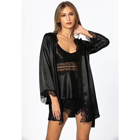 Pierre Cardin Saten 3lü Kimono Şort Takımı 2490 Siyah