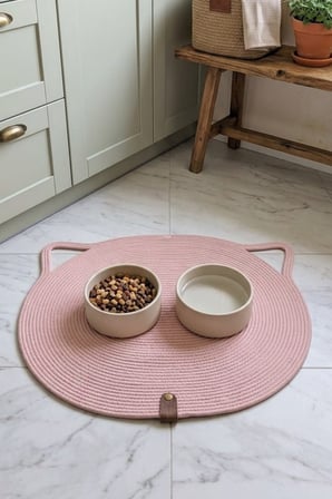 Reyo Pet El Yapımı Kedi Kulaklı Tırmalama Matı, Kedi ve Köpek Mama Matı %100 Pamuk Pembe