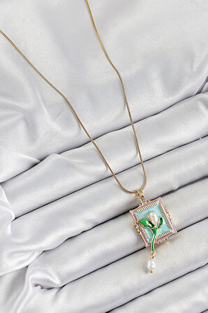 316L Çelik Zincir Turkuaz Sanatsal Portre Sallantılı İnci Detaylı Lale Model Gold Renk Kadın Kolye