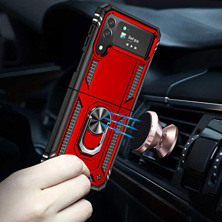 Gpack Samsung Galaxy Z Flip 4 Kılıf Vega Sert Silikon Tank Standlı Yüzüklü Mıknatıslı