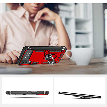 Gpack Samsung Galaxy Z Flip 4 Kılıf Vega Sert Silikon Tank Standlı Yüzüklü Mıknatıslı