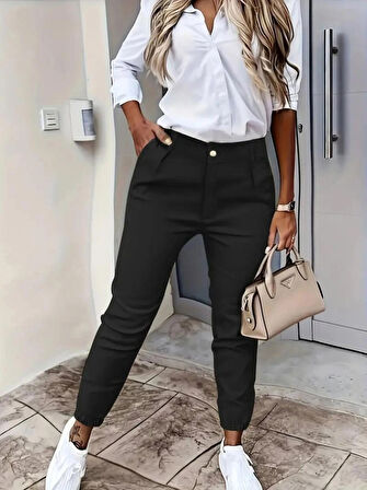 Yeni Sezon Kadın Yüksek Bel Düğmeli Cepli Atlas Pantolon