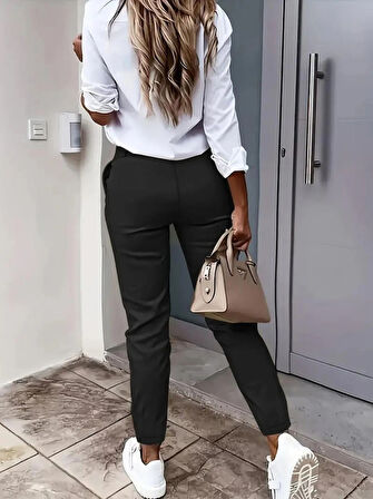 Yeni Sezon Kadın Yüksek Bel Düğmeli Cepli Atlas Pantolon