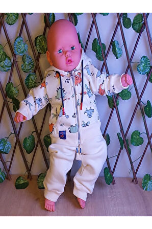 ERKEK ÇOCUK BEBEK DİNAZOR DESENLİ KAPŞÜNLU VE FERMUARLI 2 Lİ TAKIM