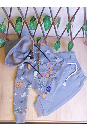 ERKEK ÇOCUK BEBEK DİNAZOR DESENLİ KAPŞÜNLU VE FERMUARLI 2 Lİ TAKIM