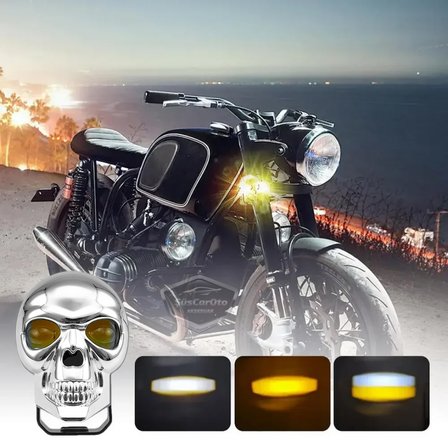Universal Kurukafa Sis Farı Çakarlı Çift Renk Sarı-Beyaz 9-60V Kafatası Araç Motosiklet Off Road Led Lamba Delici Yayıcı Projektör 50W Metal Arazi Çalışma Lambası 1 Adet Krom