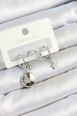 Pirinç Zirkon Taşlı Sallantılı Yıldız Model Gümüş Renk 3'lü Çift Kadın Küpe Set