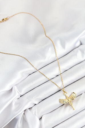 316L Çelik Zirkon Taşlı Melek Model Gold Renk Kadın Kolye